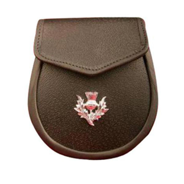 Plain Brown Leather Sporran With Thistle Flower Badge